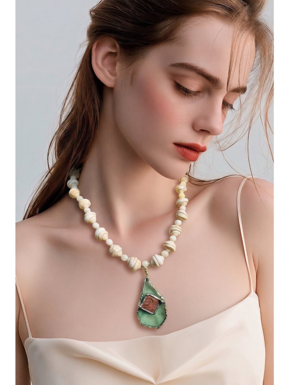 Vintage Puka Shell Necklace with Sea Glass & Copper Mermaid Pendant Alma Antigua